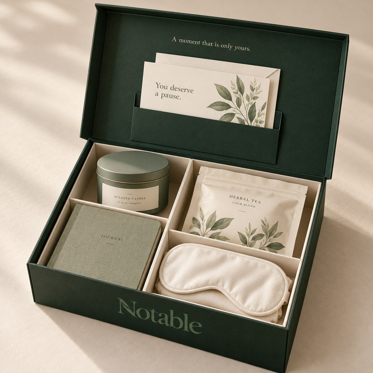 A Quiet Moment gift hamper in a forest-green Notable keepsake box