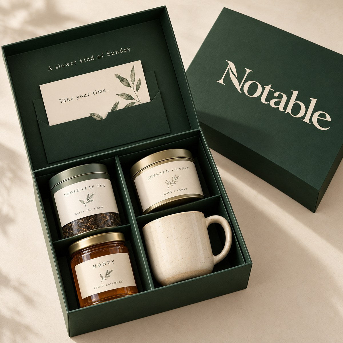 Slow Sunday gift hamper in a forest-green Notable keepsake box