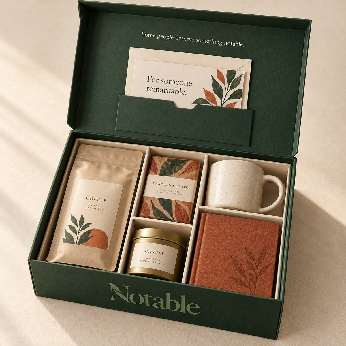 The Notable Edit gift hamper in a forest-green Notable keepsake box