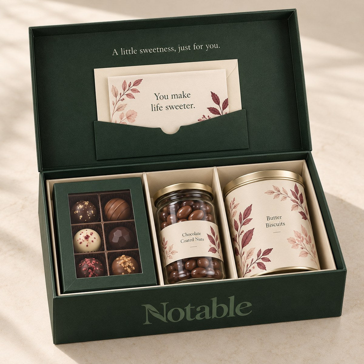 The Sweet Gesture gift hamper in a forest-green Notable keepsake box