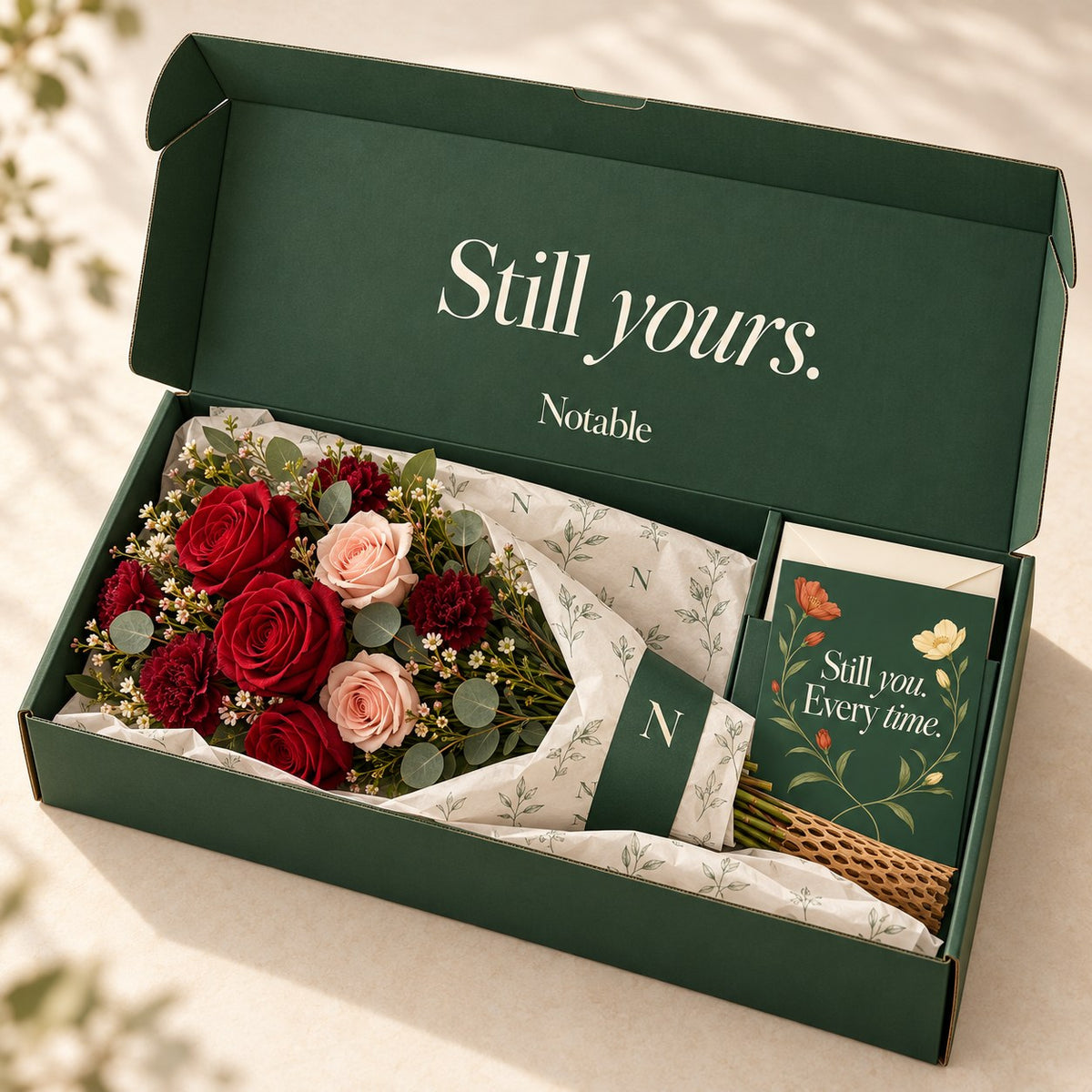 Notable anniversary bouquet in its box with card