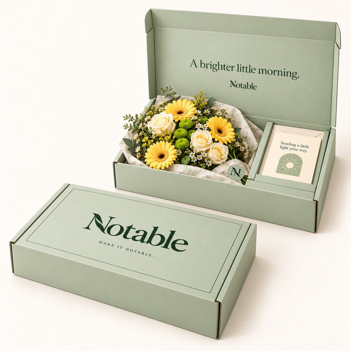 A Brighter Morning bouquet in its sage Notable box, closed box and open box