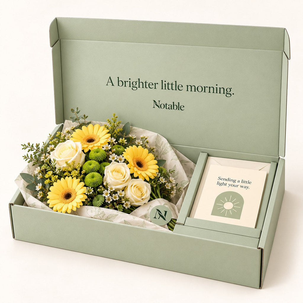 A Brighter Morning bouquet in its sage Notable box