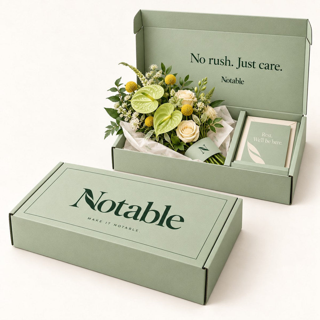 A Quiet Lift bouquet in its sage Notable box, closed box and open box