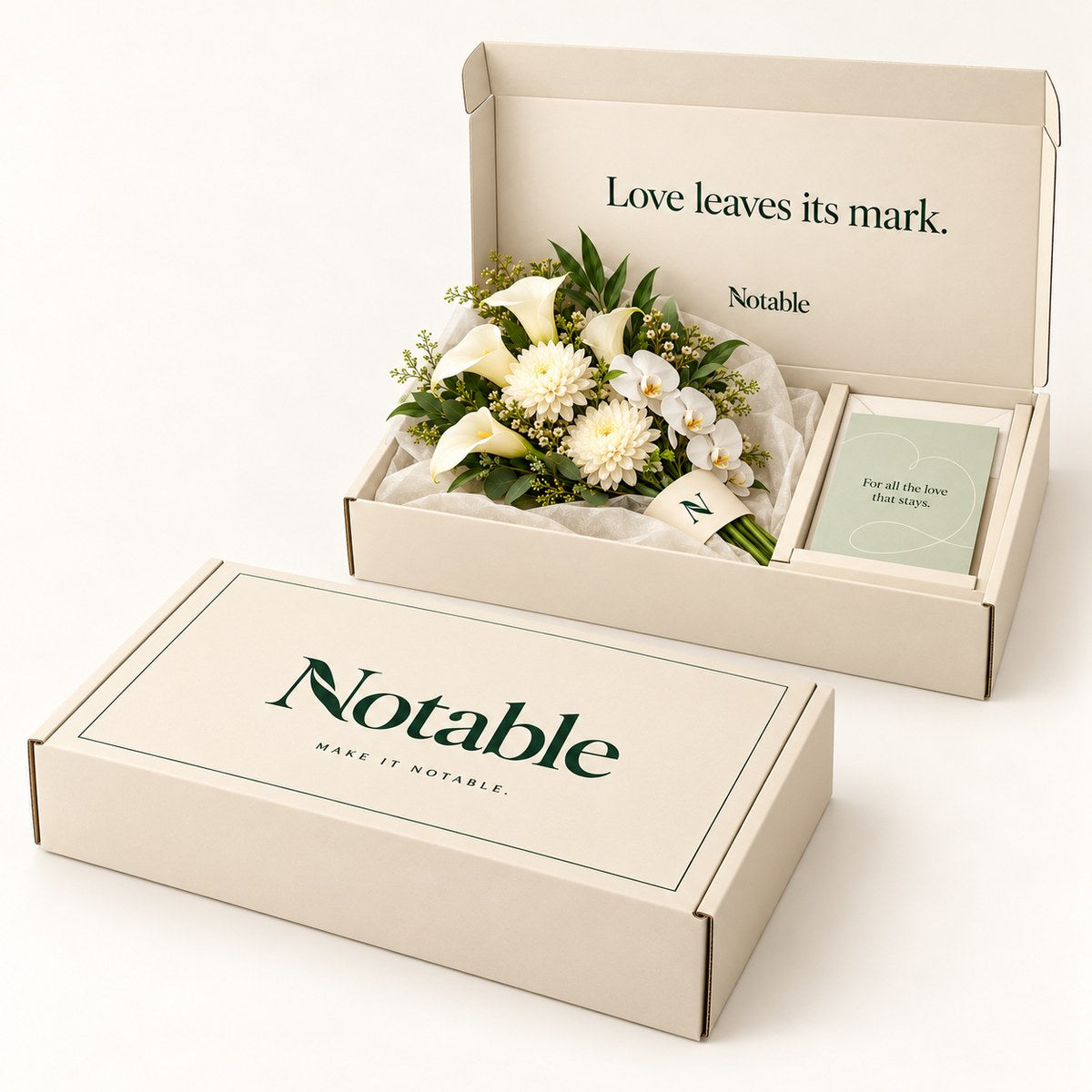 Always Remembered bouquet in its ivory Notable box, closed box and open box