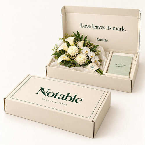 Always Remembered bouquet in its ivory Notable box, closed box and open box