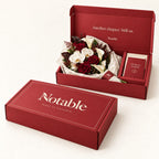 Always Us bouquet in its cherry Notable box, closed box and open box