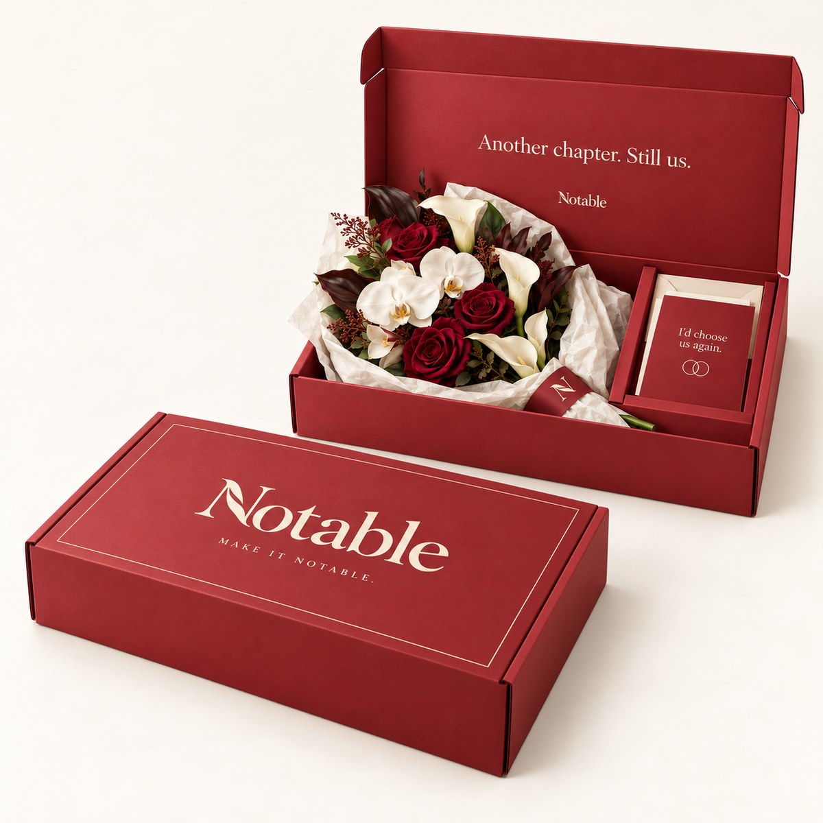 Always Us bouquet in its cherry Notable box, closed box and open box
