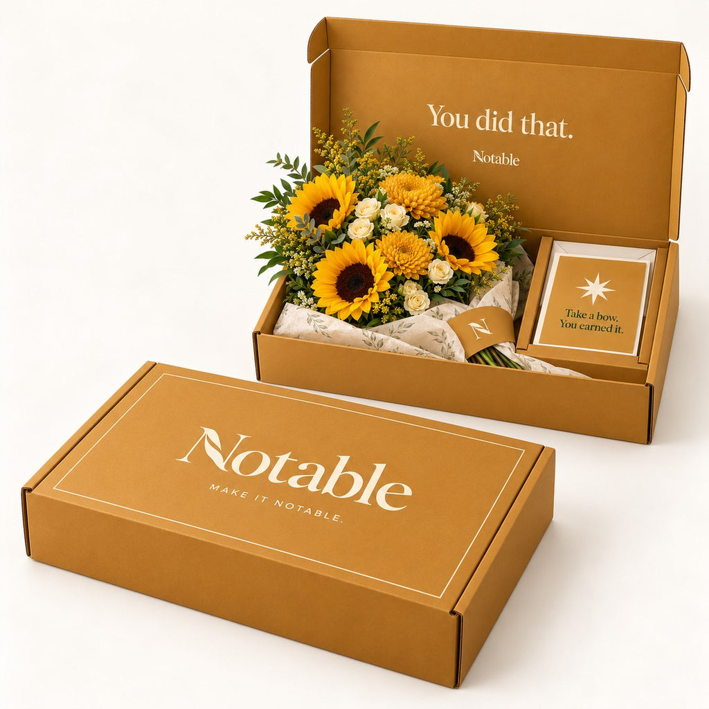 Big Energy bouquet in its ochre Notable box, closed box and open box