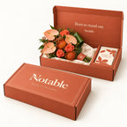 Birthday Muse bouquet in its terracotta Notable box, closed box and open box