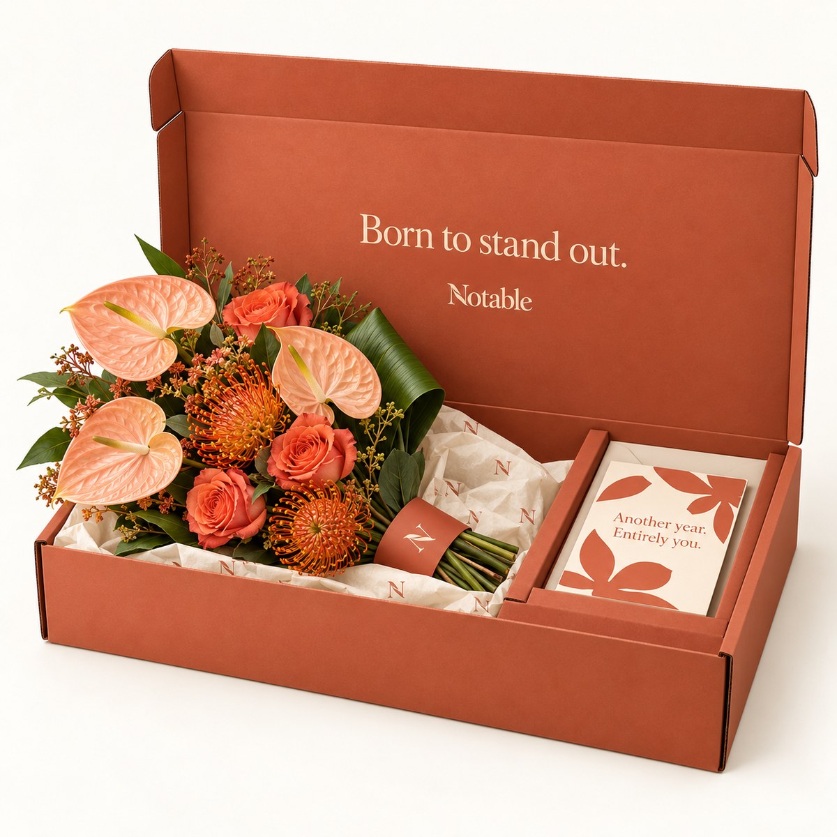 Birthday Muse bouquet in its terracotta Notable box