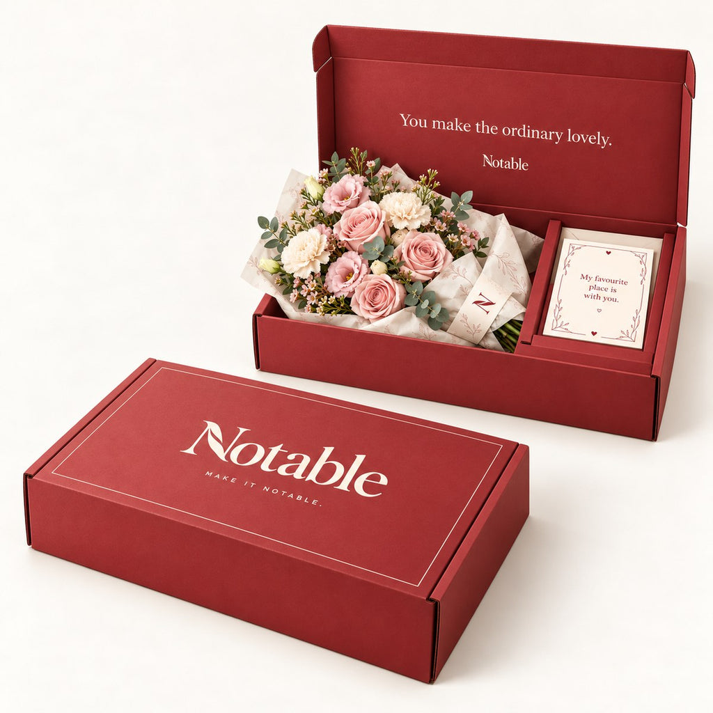 Blush Hour bouquet in its cherry Notable box, closed box and open box