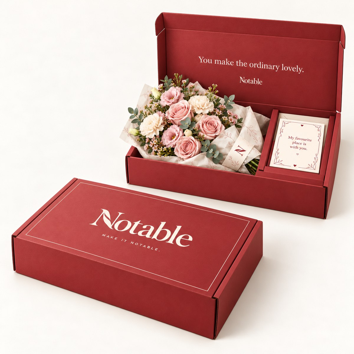 Blush Hour bouquet in its cherry Notable box, closed box and open box
