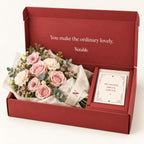 Blush Hour bouquet in its cherry Notable box