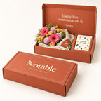 Confetti Club bouquet in its terracotta Notable box, closed box and open box