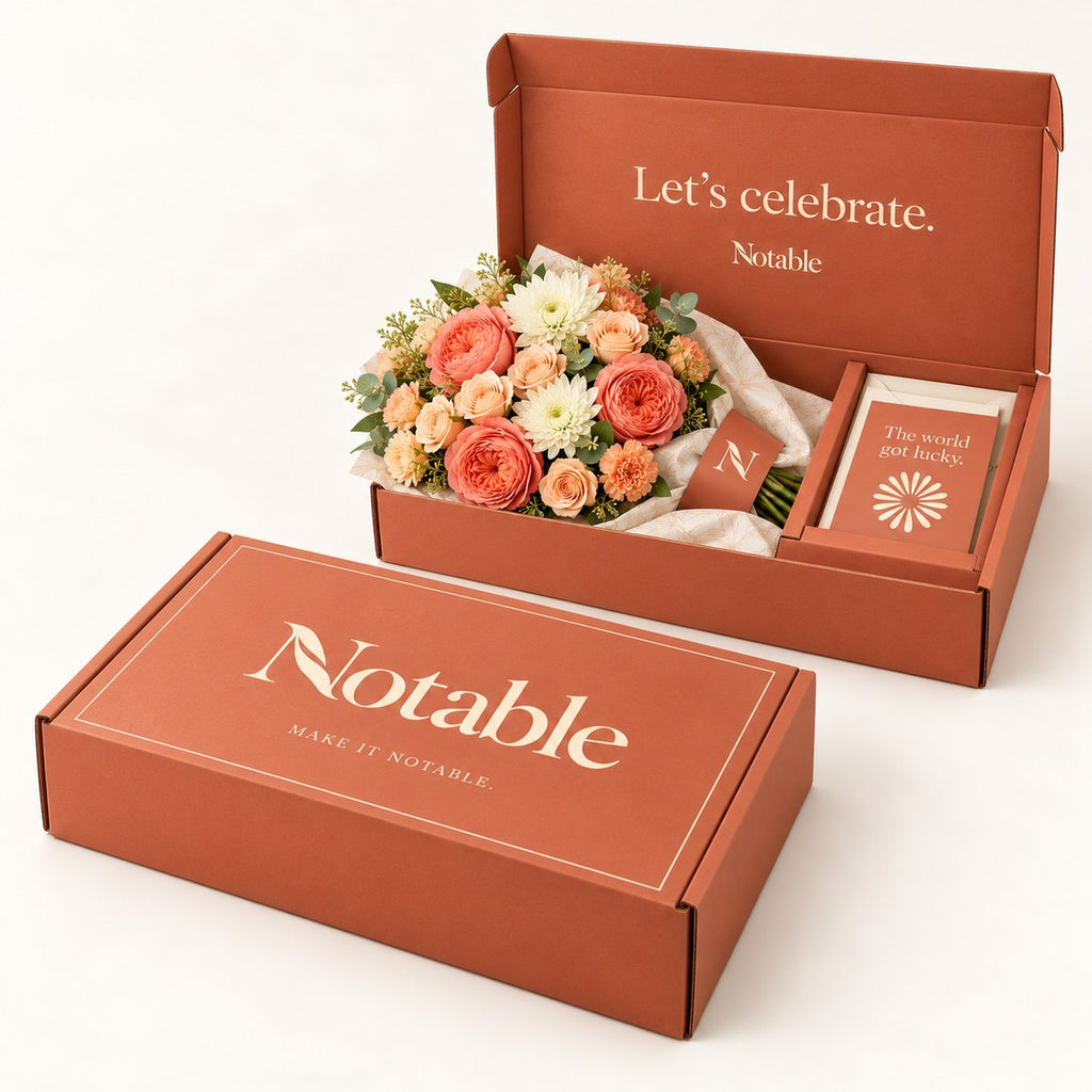 Coral Chorus bouquet in its terracotta Notable box, closed box and open box