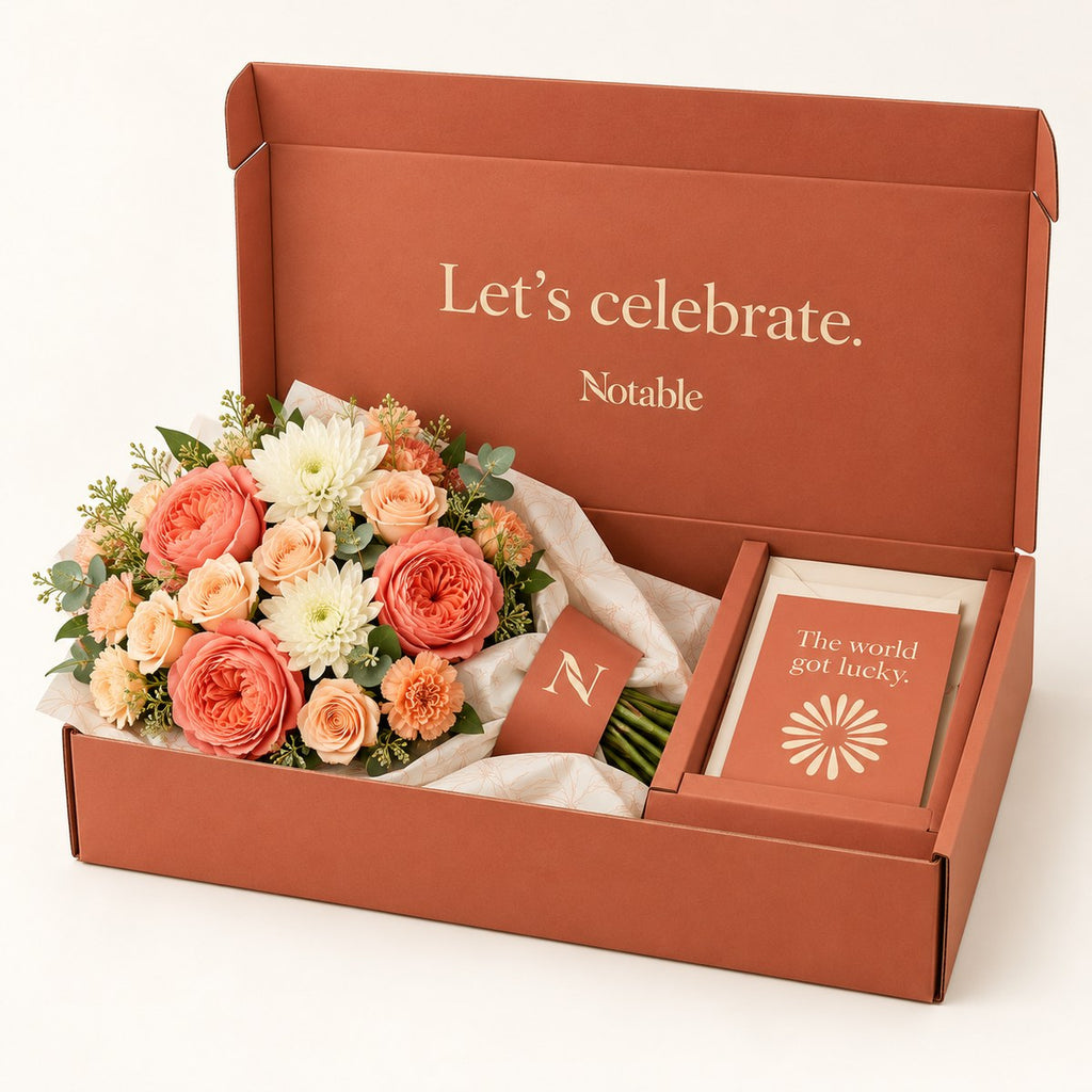Coral Chorus bouquet in its terracotta Notable box