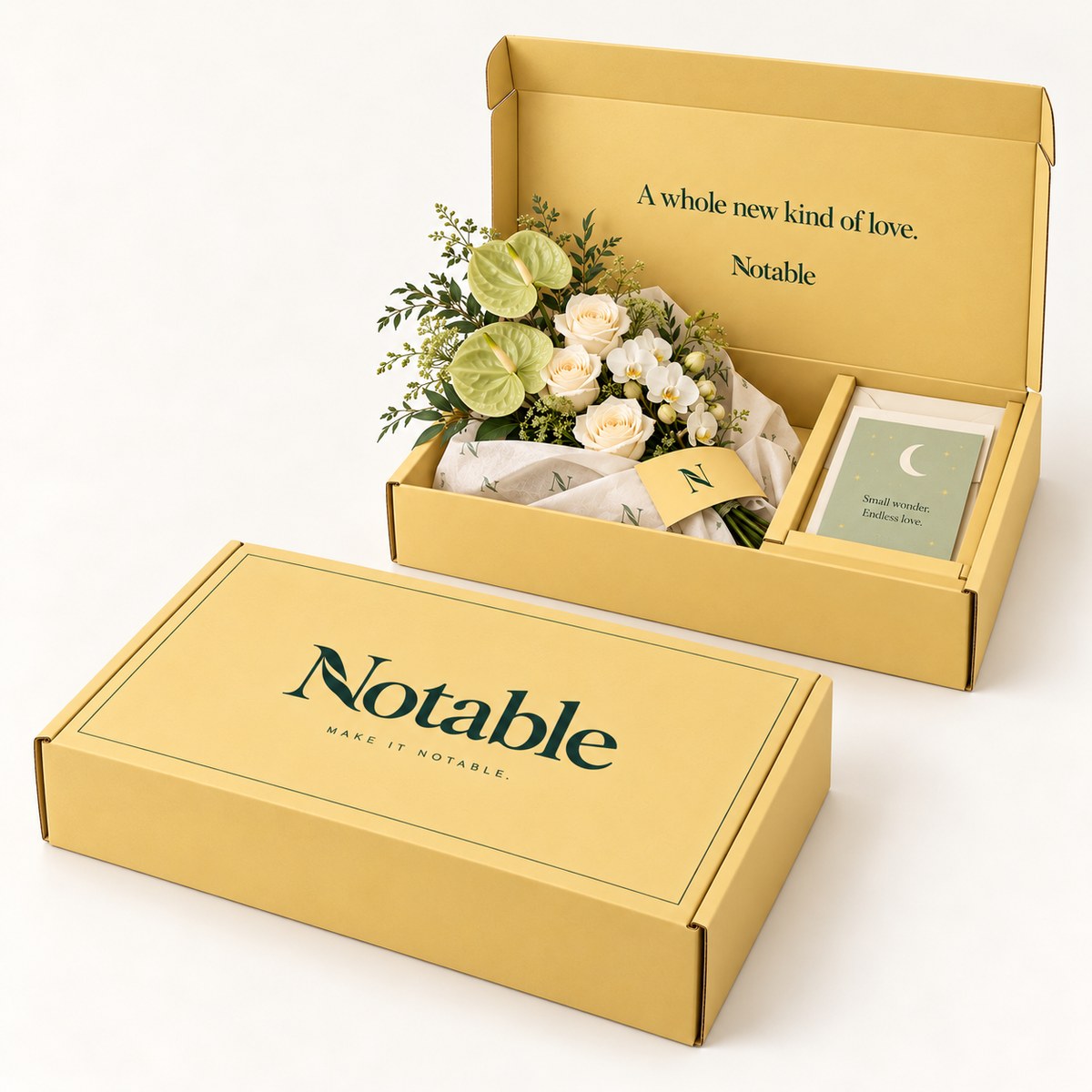 First Light bouquet in its butter Notable box, closed box and open box