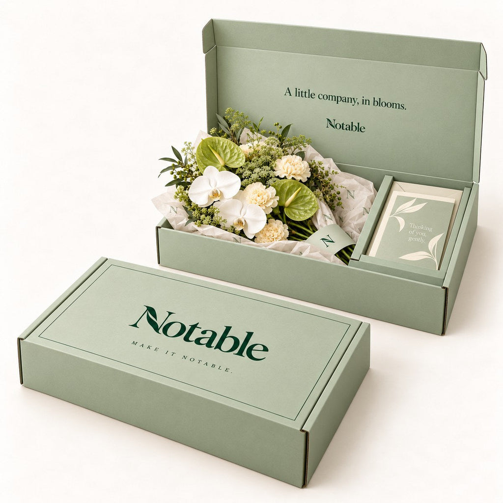 Gentle Company bouquet in its sage Notable box, closed box and open box