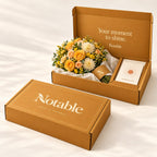 Golden Hour bouquet in its ochre Notable box, closed box and open box