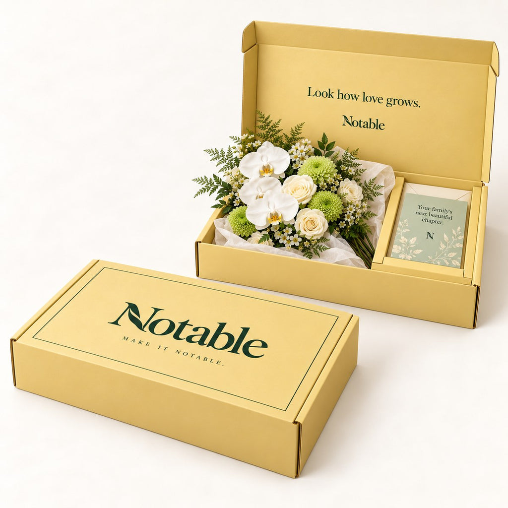 Growing Love bouquet in its butter Notable box, closed box and open box
