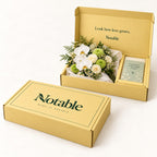 Growing Love bouquet in its butter Notable box, closed box and open box