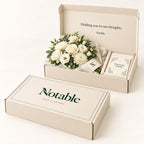 Held in Thought bouquet in its ivory Notable box, closed box and open box