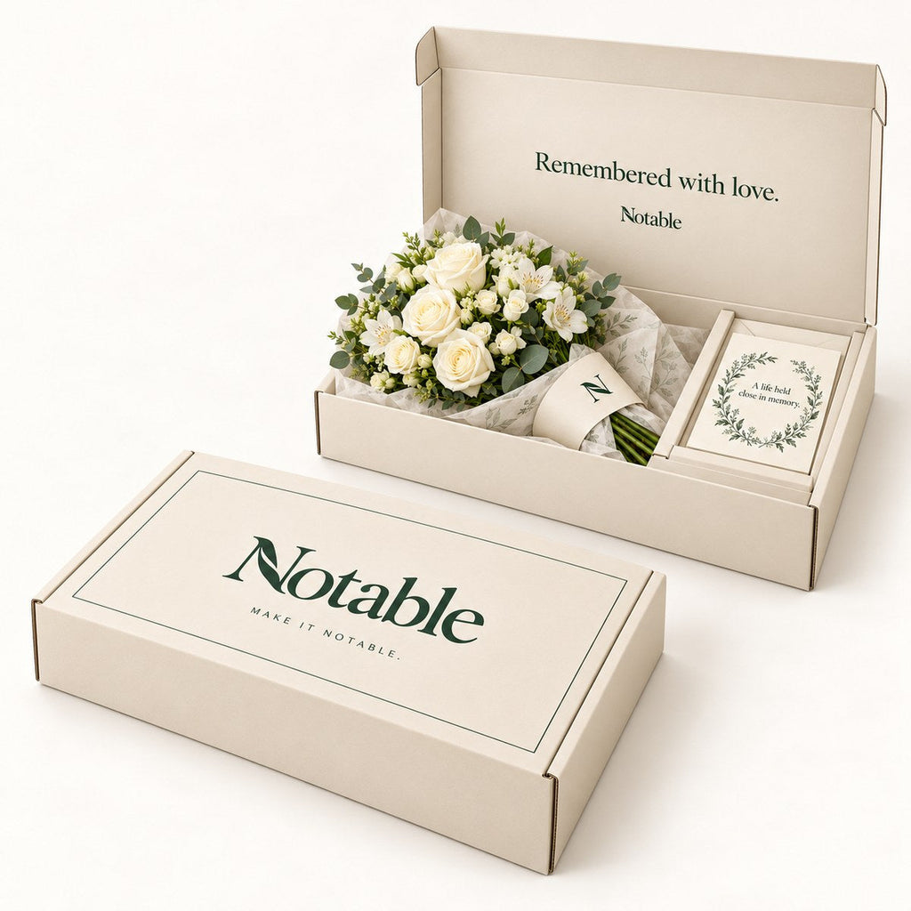 In Remembrance bouquet in its ivory Notable box, closed box and open box