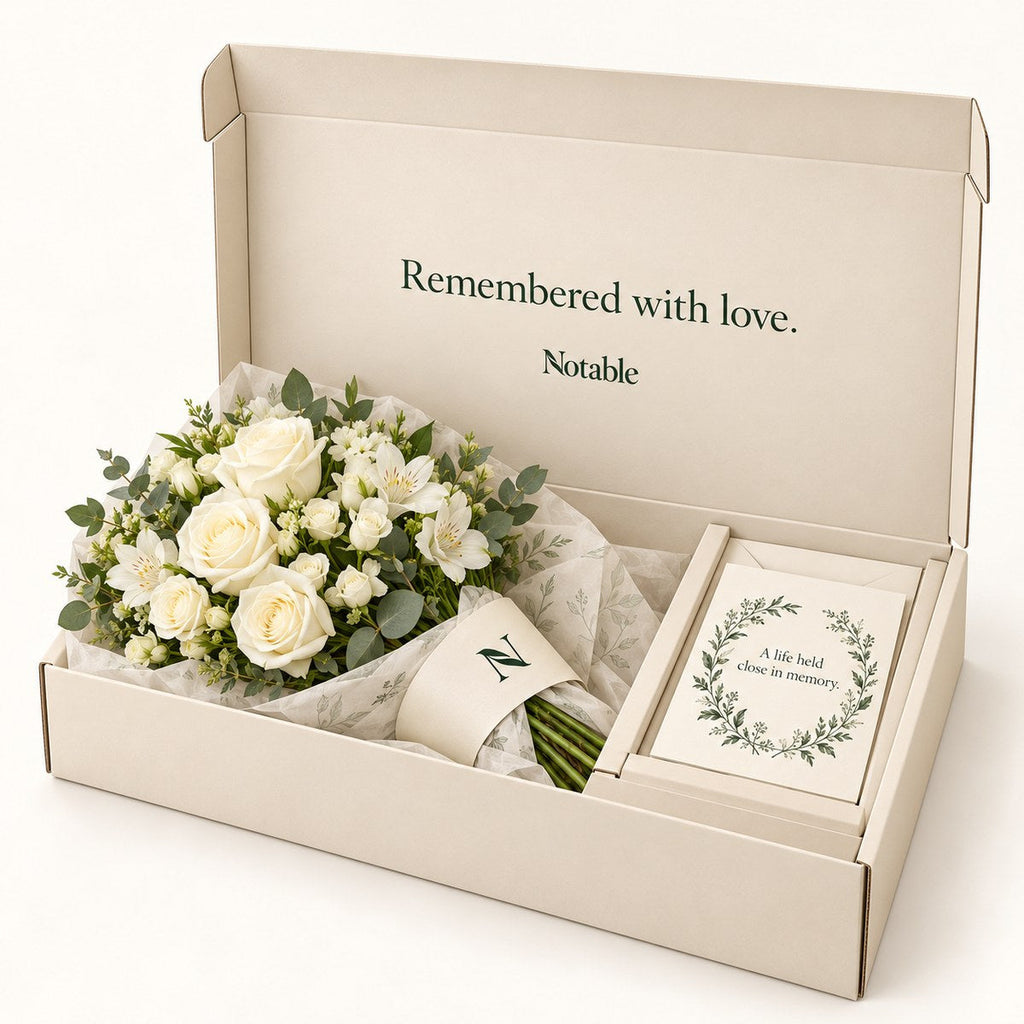 In Remembrance bouquet in its ivory Notable box