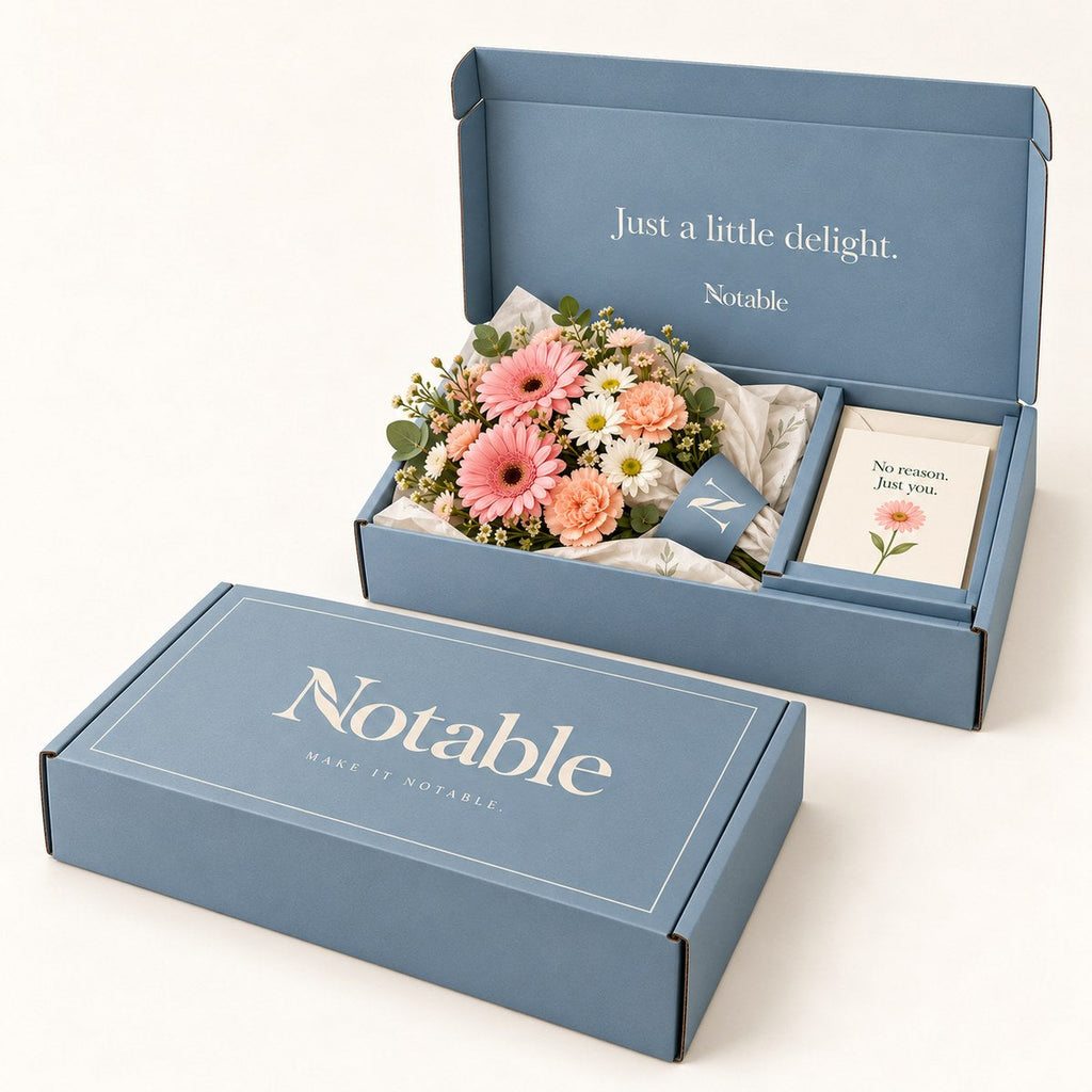 Little Delight bouquet in its dusty blue Notable box, closed box and open box