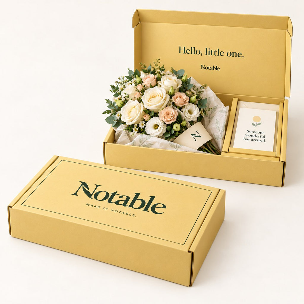 Little Wonder bouquet in its butter Notable box, closed box and open box