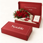Love Letter bouquet in its cherry Notable box, closed box and open box