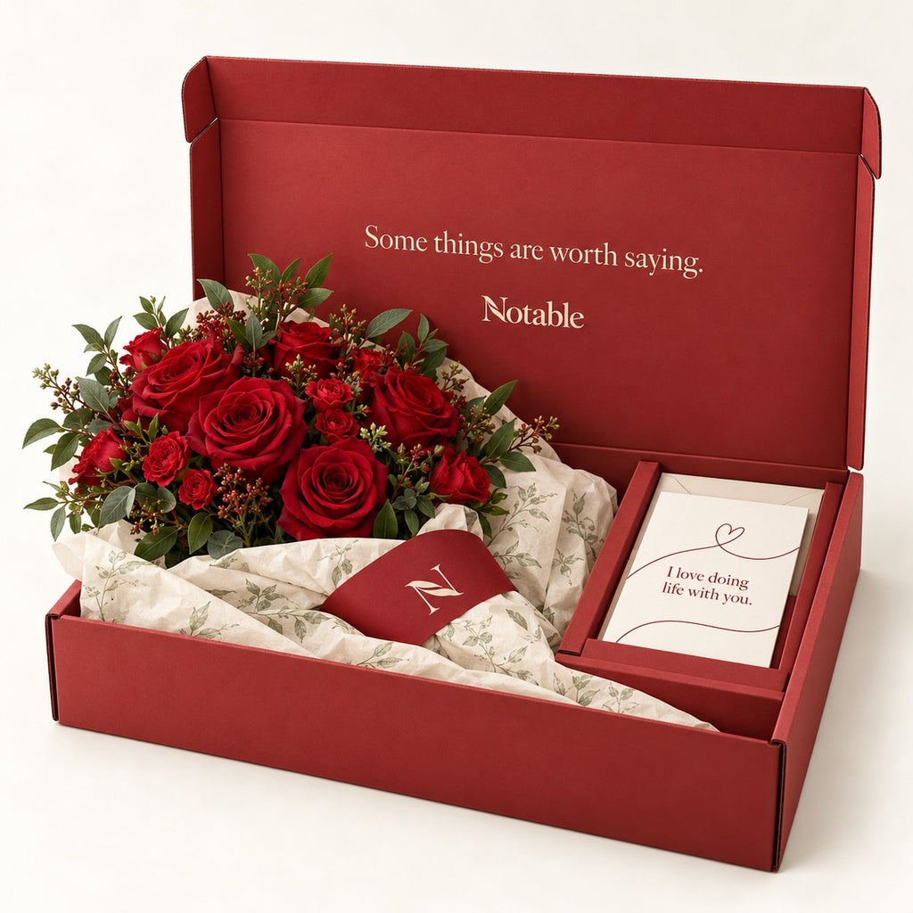 Love Letter bouquet in its cherry Notable box