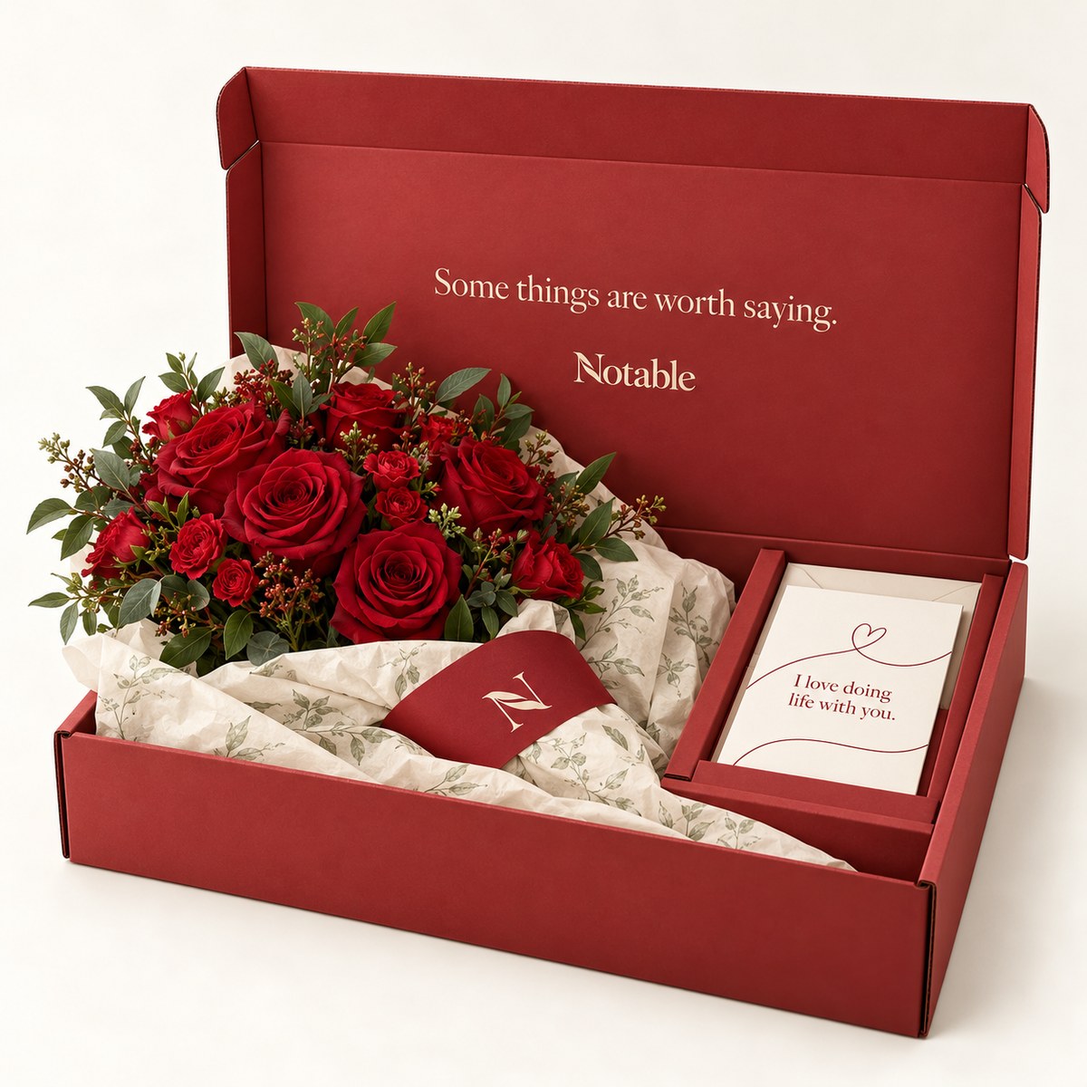 Love Letter bouquet in its cherry Notable box