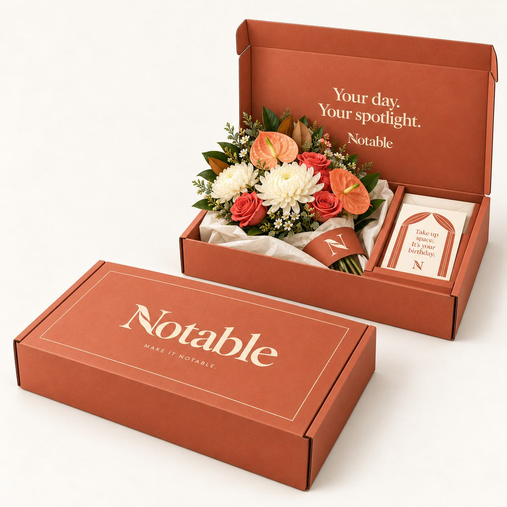 Main Character bouquet in its terracotta Notable box, closed box and open box