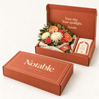 Main Character bouquet in its terracotta Notable box, closed box and open box