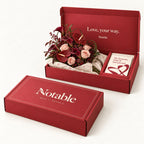 Modern Love bouquet in its cherry Notable box, closed box and open box