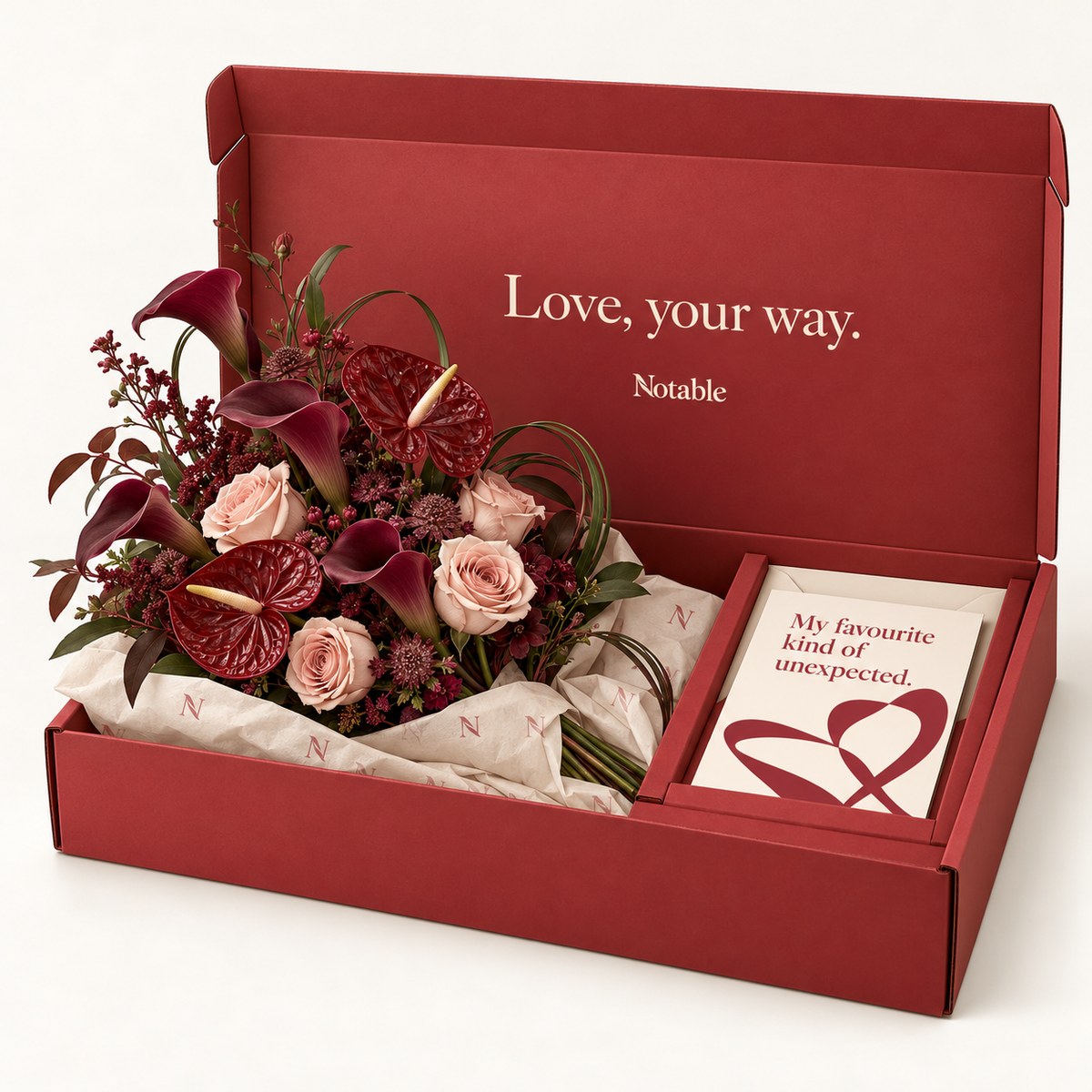 Modern Love bouquet in its cherry Notable box