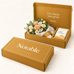 New Horizons bouquet in its ochre Notable box, closed box and open box