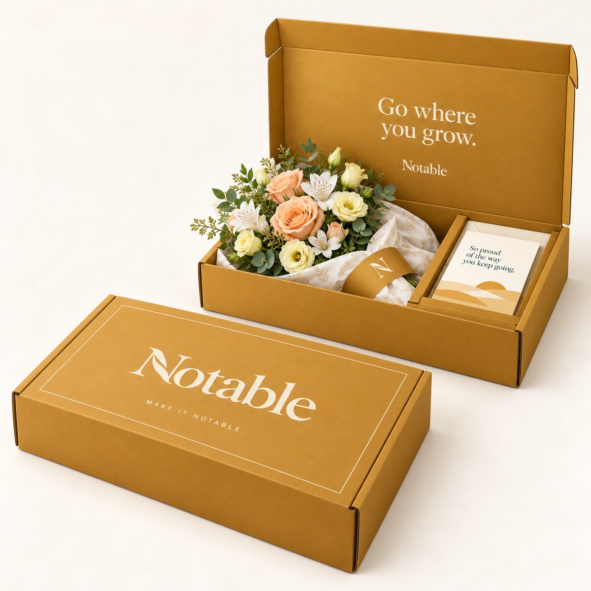 New Horizons bouquet in its ochre Notable box, closed box and open box