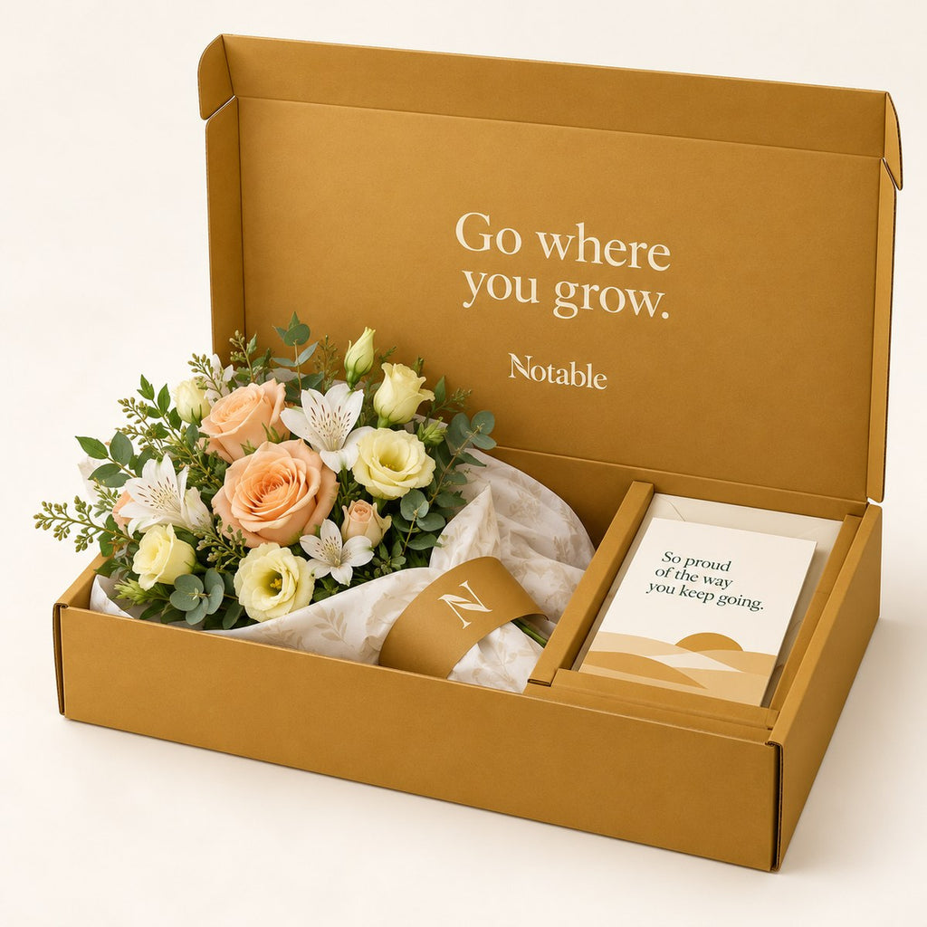 New Horizons bouquet in its ochre Notable box