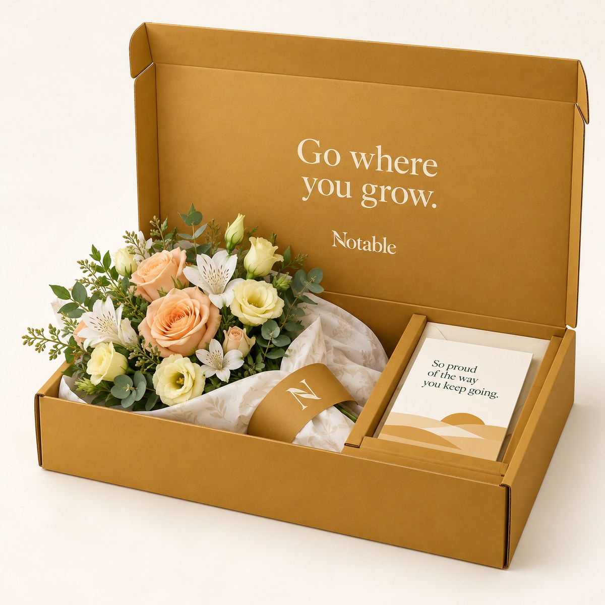 New Horizons bouquet in its ochre Notable box