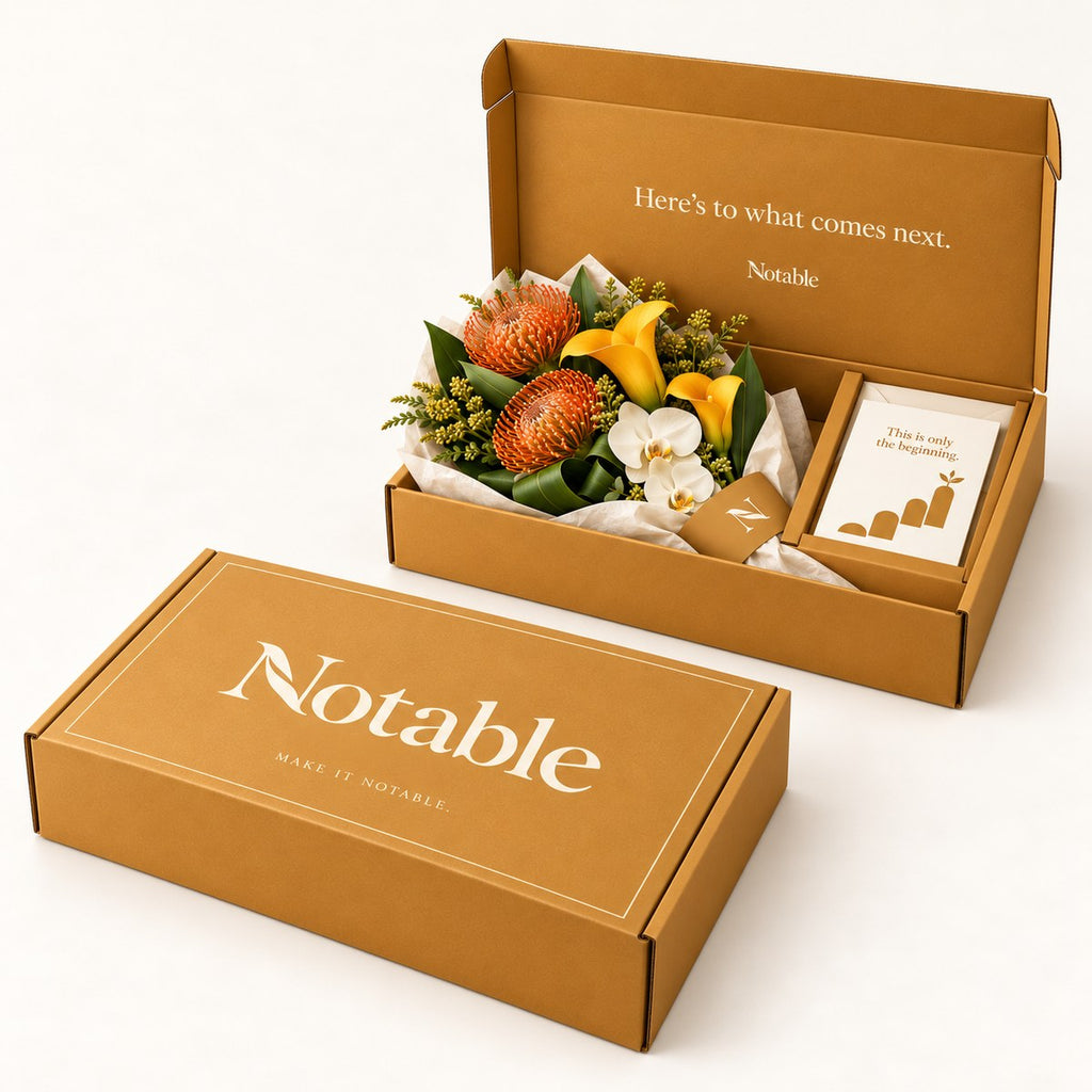 Onward bouquet in its ochre Notable box, closed box and open box
