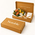 Onward bouquet in its ochre Notable box, closed box and open box