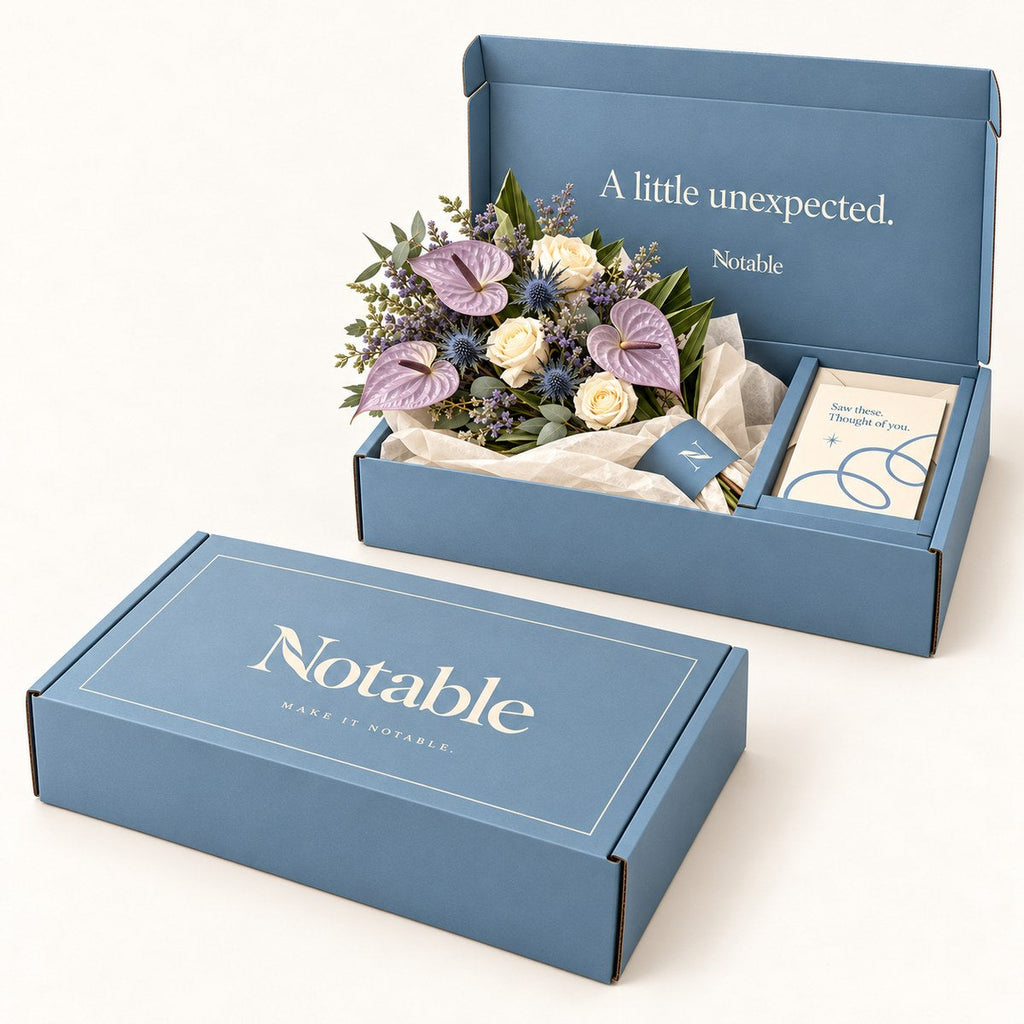 Out of the Blue bouquet in its dusty blue Notable box, closed box and open box
