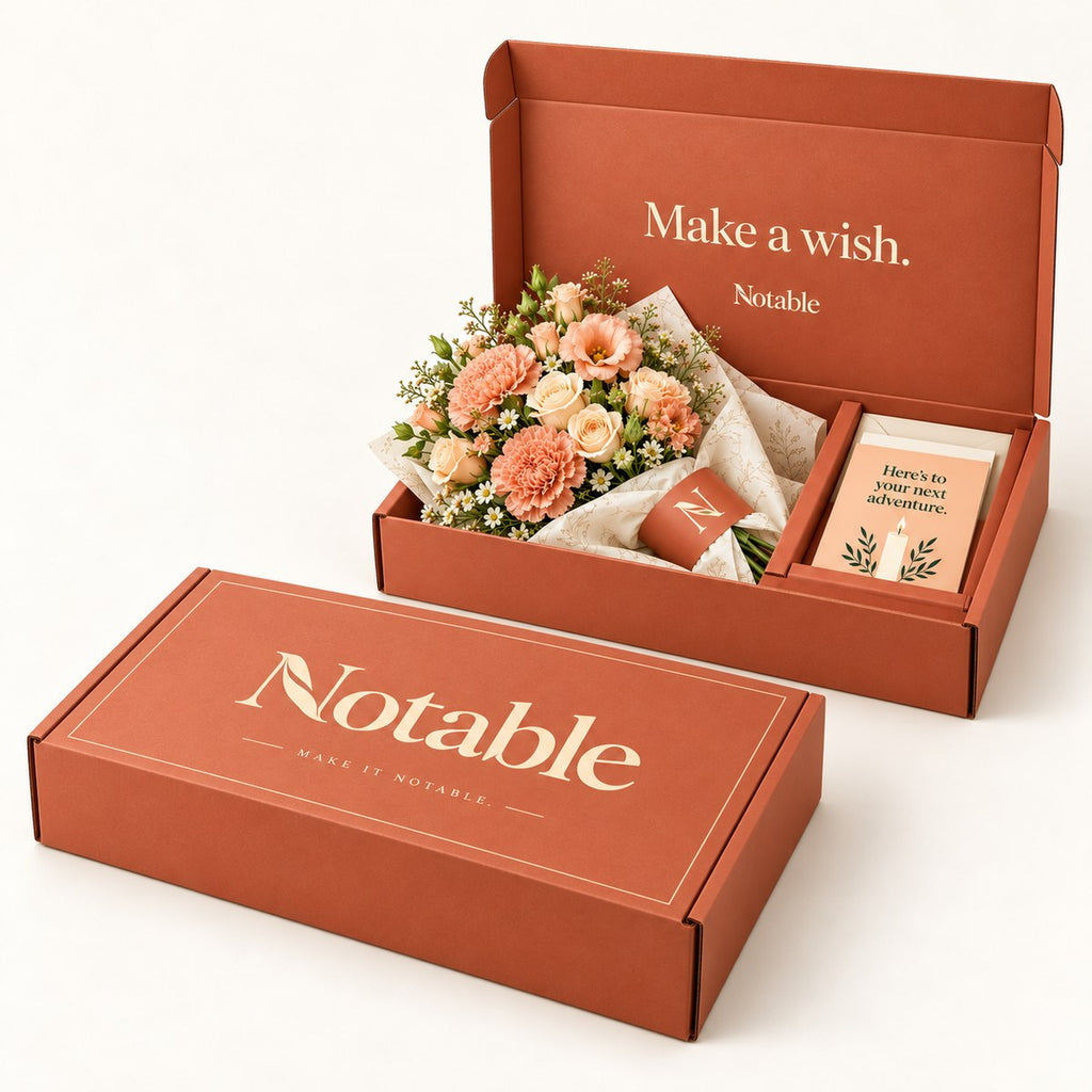 Peach Parade bouquet in its terracotta Notable box, closed box and open box