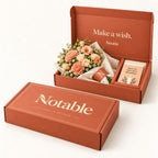 Peach Parade bouquet in its terracotta Notable box, closed box and open box