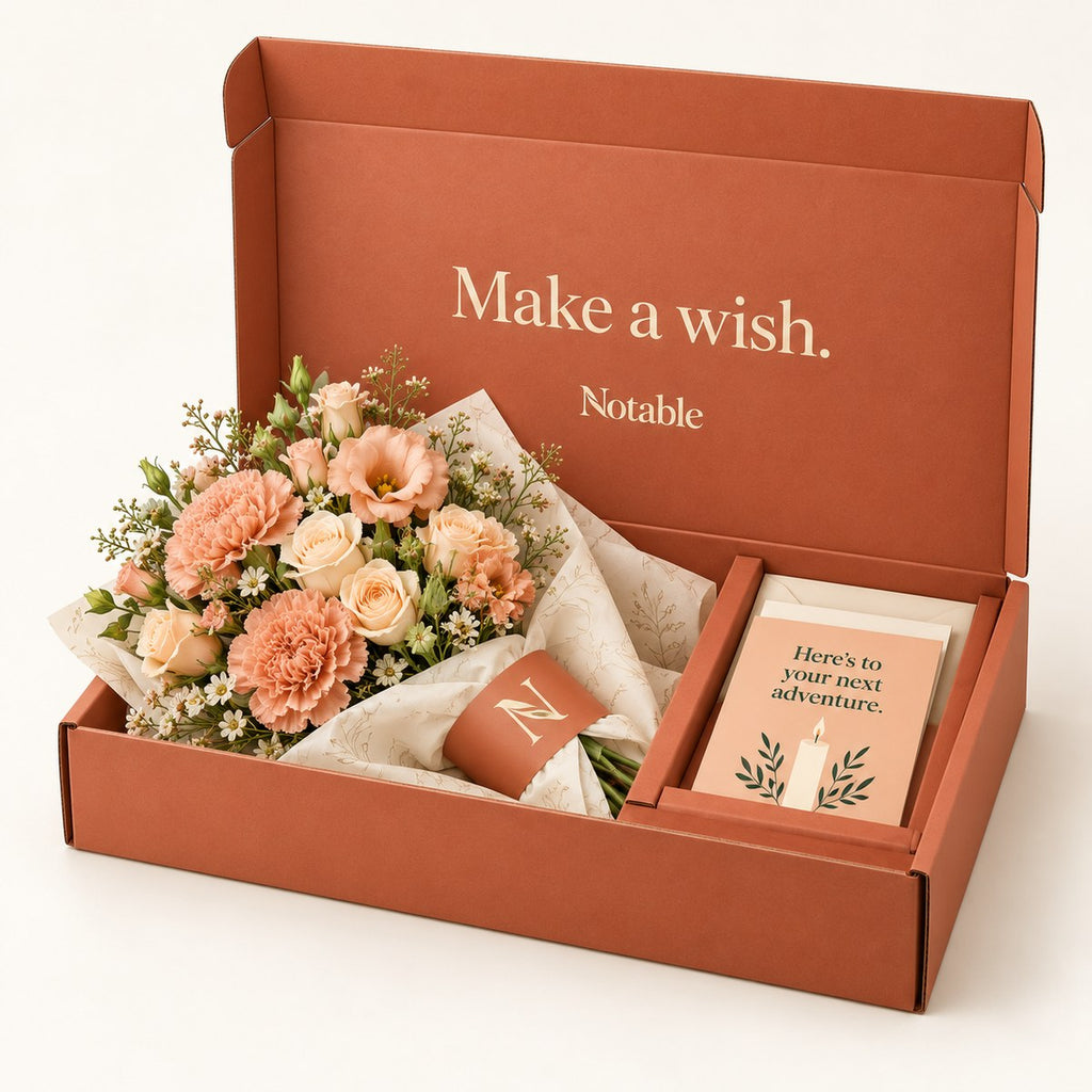 Peach Parade bouquet in its terracotta Notable box