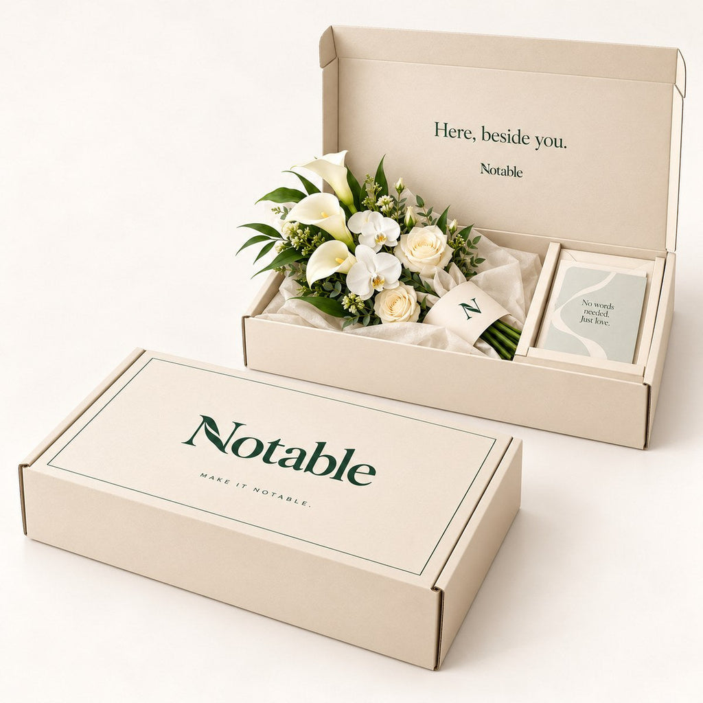 Quiet Presence bouquet in its ivory Notable box, closed box and open box