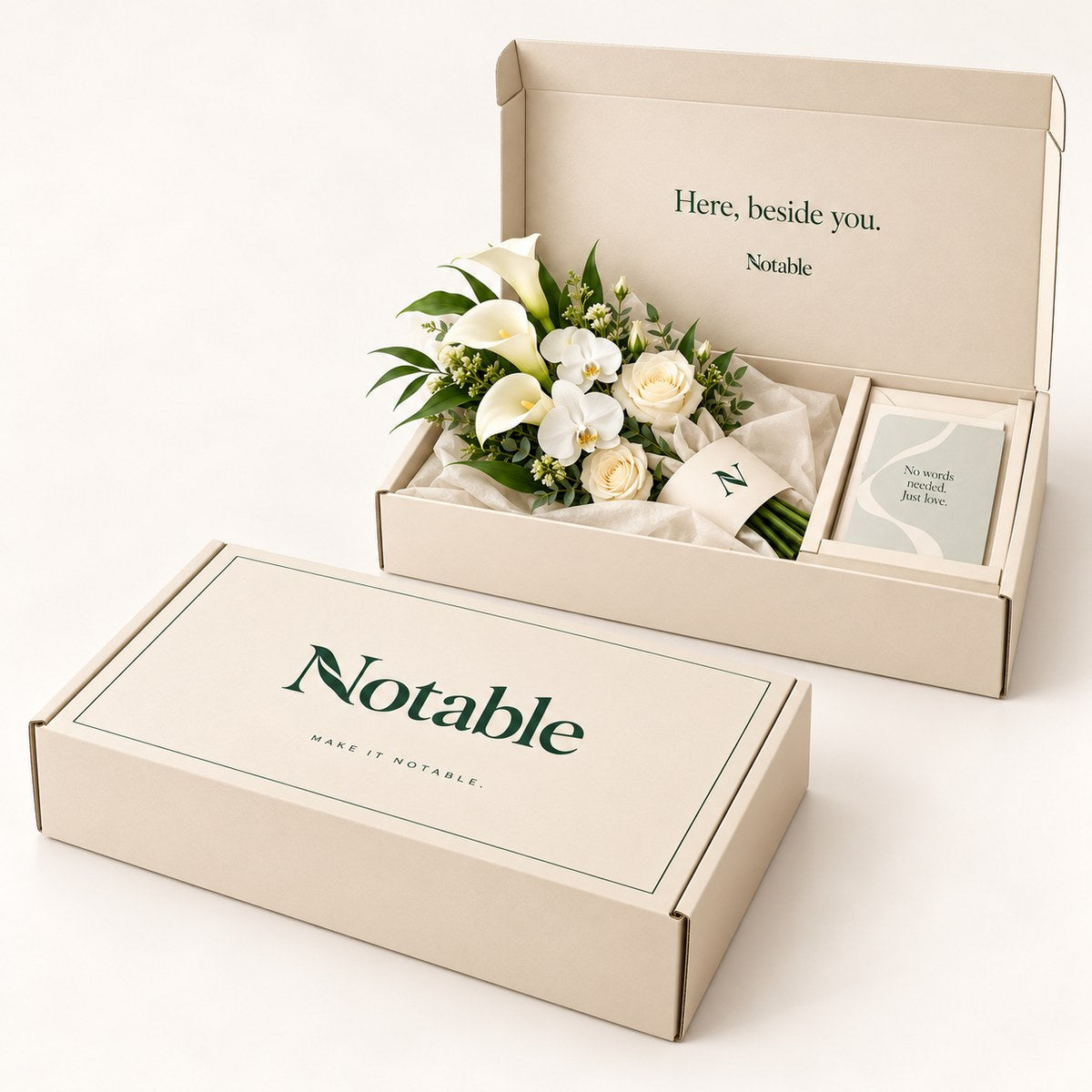 Quiet Presence bouquet in its ivory Notable box, closed box and open box